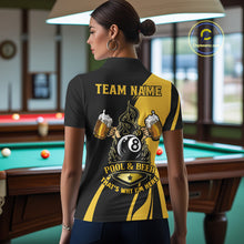 Load image into Gallery viewer, Back view of woman wearing a beer themed billiard shirt inside a pool hall environment.