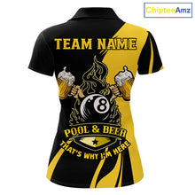 Load image into Gallery viewer, Funny yellow black pool shirt for women with 8 ball design and playful “that’s why I’m here” style.
