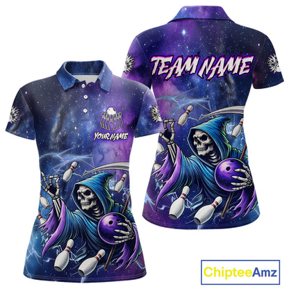 Funny Grim Reaper Blue Purple Galaxy Bowling Shirt For Women Custom Glowing Bowling Jersey Outfit TDM5862