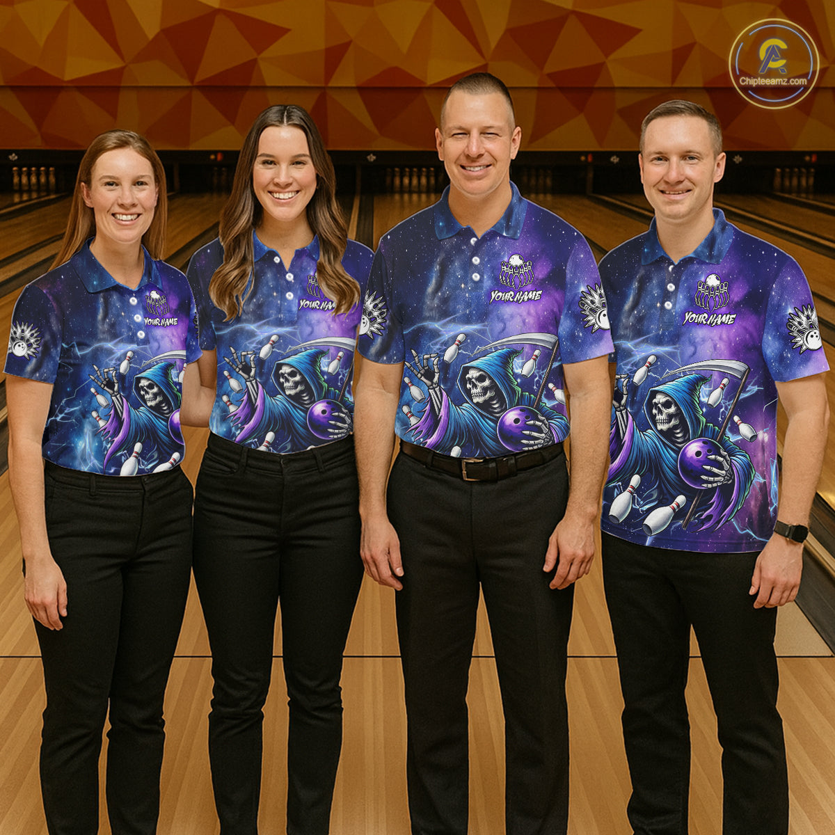 Funny Grim Reaper Blue Purple Galaxy Bowling Shirt For Women Custom Glowing Bowling Jersey Outfit TDM5862