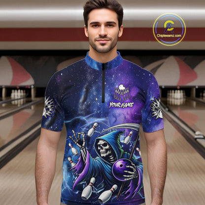 Funny Grim Reaper Blue Purple Galaxy Bowling Shirt For Men Custom Glowing Bowling Jersey Outfit TDM5862