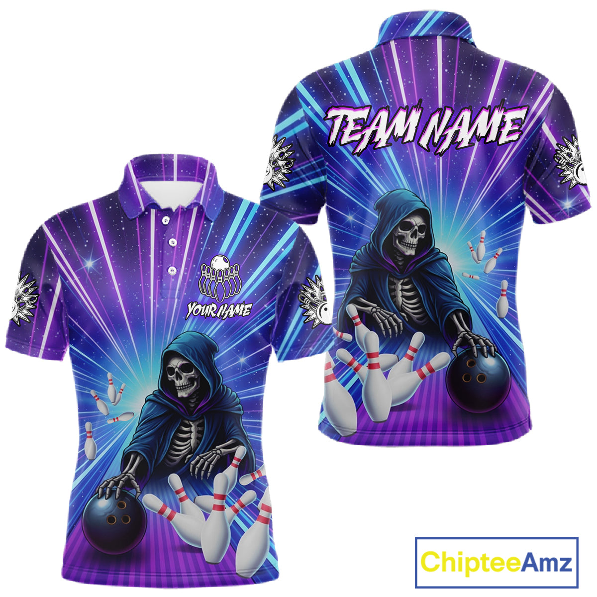 Funny Grim Reaper Blue Purple Neon Bowling Shirt For Men Custom Lighting Bowling Team Jersey TDM5863