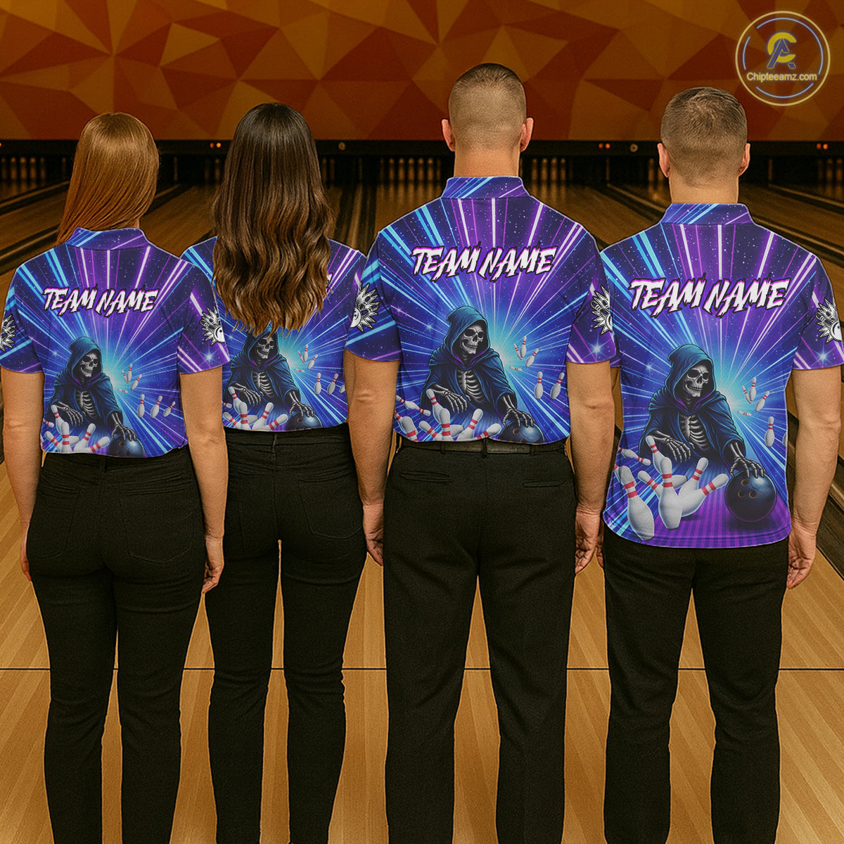Funny Grim Reaper Blue Purple Neon Bowling Shirt For Women Custom Lighting Bowling Team Jersey TDM5863