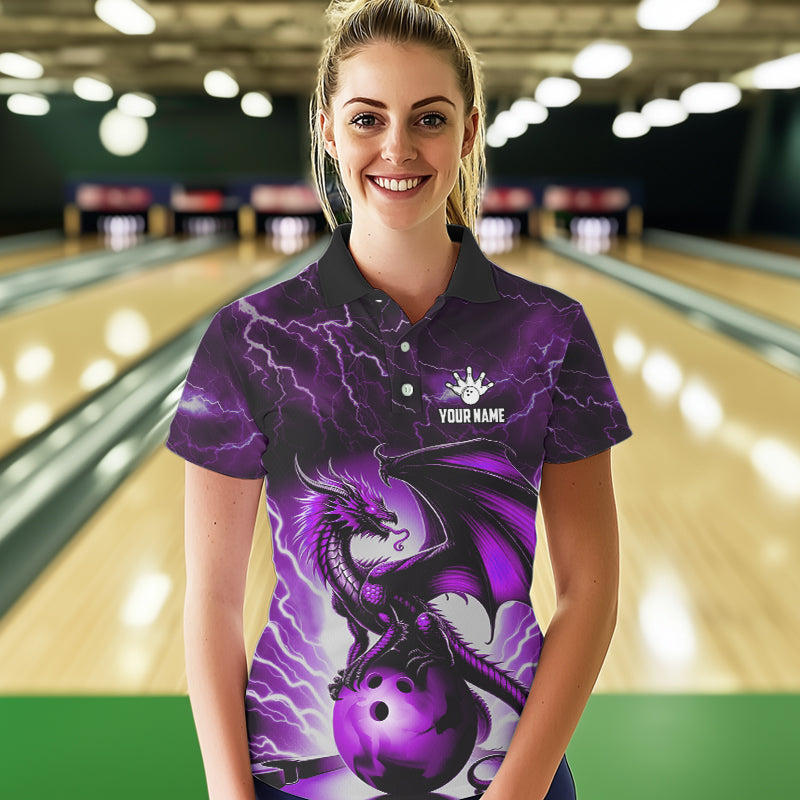 Purple Thunder Lightning Custom Dragon Bowling Shirts For Women, Bowling Team Jerseys Polo & 1/4 Zip TDM3680