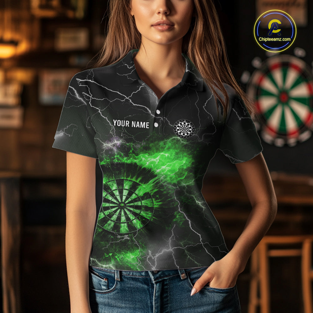 Custom Lightning Flame Green Dart Shirt For Women, Darts Jersey Pocket Option TDM6021