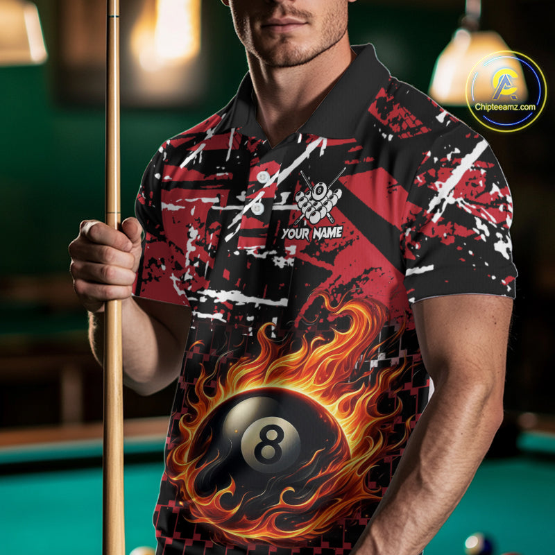 Grunge Black And Red Flaming 8 Ball Pool Men's Billiard Shirts Custom Billiard Jerseys Team Shirts TDM3833