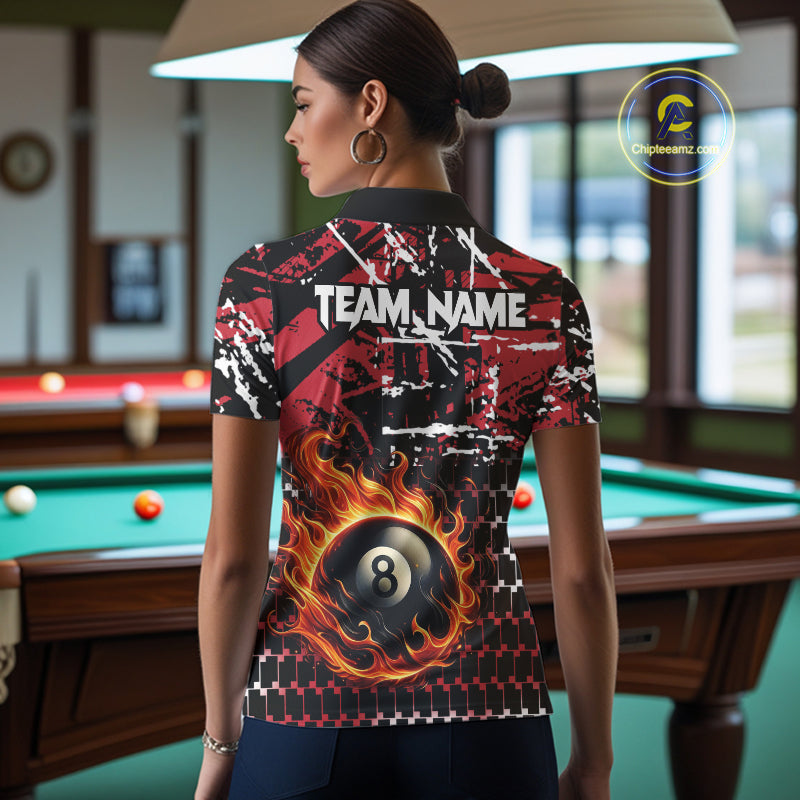 Grunge Black And Red Flaming 8 Ball Pool Women's Billiard Shirts Custom Billiard Jerseys Team Shirts TDM3833