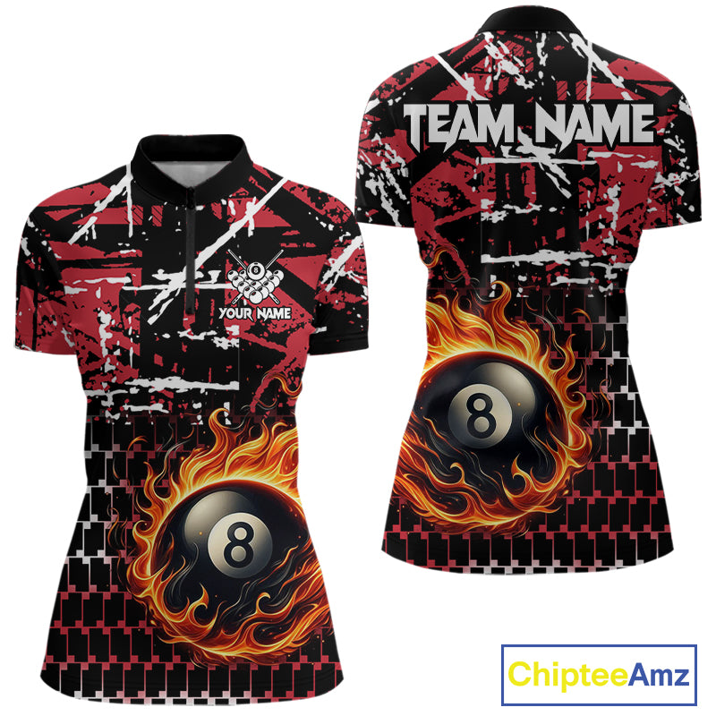 Grunge Black And Red Flaming 8 Ball Pool Women's Billiard Shirts Custom Billiard Jerseys Team Shirts TDM3833