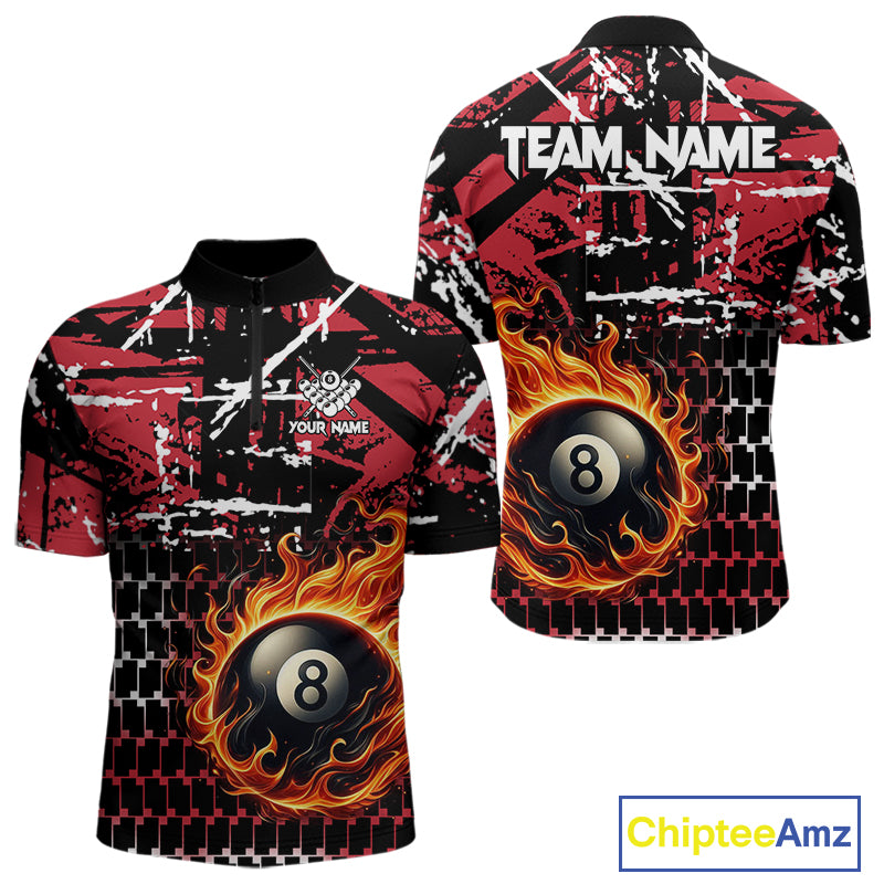 Grunge Black And Red Flaming 8 Ball Pool Men's Billiard Shirts Custom Billiard Jerseys Team Shirts TDM3833