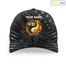 Load image into Gallery viewer, Custom Black US Flag Ying And Yang 8 Ball &amp; 9 Ball Billiard Hat, Personalized Pool Baseball Cap TDM3952