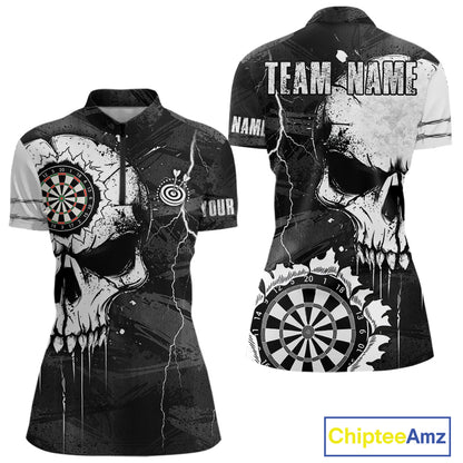 Custom Black And White Grunge Skull Dart Shirts For Women | Team Darts Jerseys - Polo & Quarter Zip TDM3955