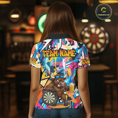 Funny Bull Colorful Graffiti Darts Shirt For Women Custom Darts Team Jersey Polo & 1/4 Zip TDM6465