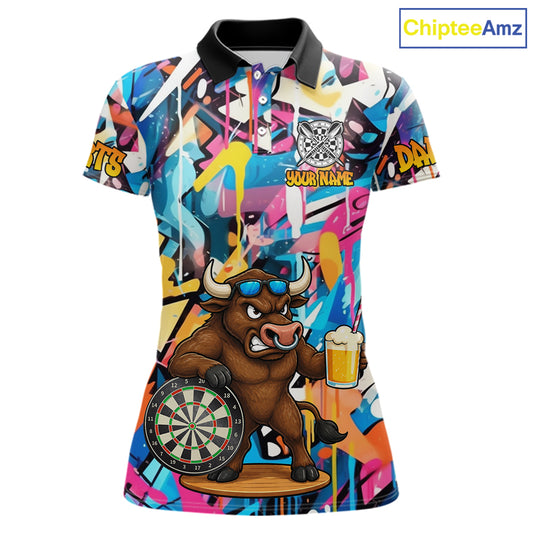 Funny Bull Colorful Graffiti Darts Shirt For Women Custom Darts Team Jersey Polo & 1/4 Zip TDM6465