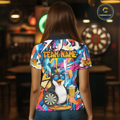 Funny Penguin Colorful Graffiti Darts Shirt For Women Custom Darts Team Jersey Polo & 1/4 Zip TDM6466