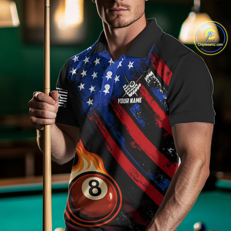 Funny Flame 8 Ball Billiard Shirts For Men Custom Patriotic American Flag Pool Team Jerseys TDM4131