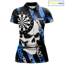 Load image into Gallery viewer, Blue camo stripes skull darts polo shirt for women with custom league team graphics.