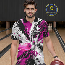 Load image into Gallery viewer, Man wearing a pink splatter bowling polo shirt at a bowling alley front view.