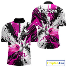 Load image into Gallery viewer, Pink splatter bowling ball and pins bowling quarter zip shirt for men built for tournaments and team events.