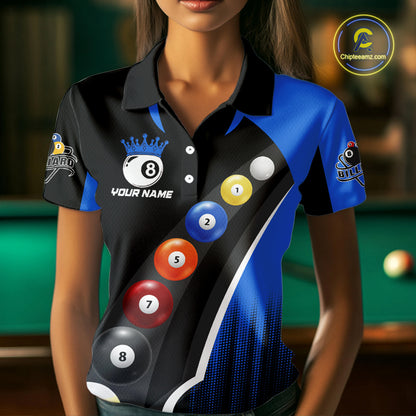 Personalized Black Blue Billiard Shirt For Women Custom Funny Pool Balls Team Jersey Polo & 1/4 Zip TDM4497