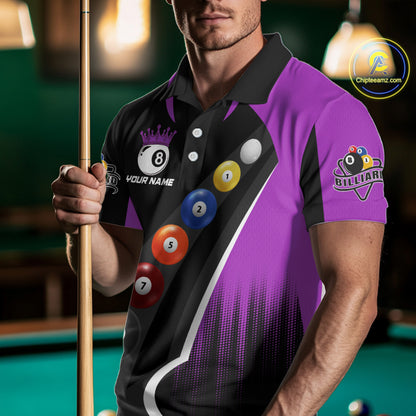 Personalized Purple Black Billiard Shirt For Men Custom Funny Pool Balls Team Jersey Polo & 1/4 Zip TDM4498
