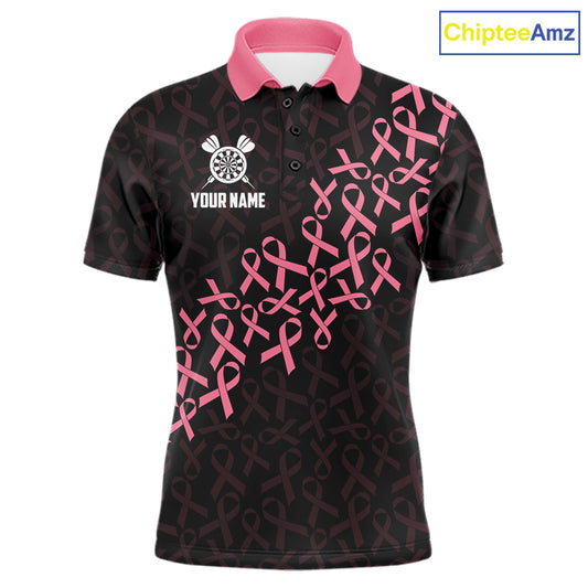 Pink Ribbons American Flag Breast Cancer Awareness Darts Polo Shirt for Men Featuring Patriotic Pink Ribbon Artwork for Dart League Players, Team Competition, and Awareness Tournaments
