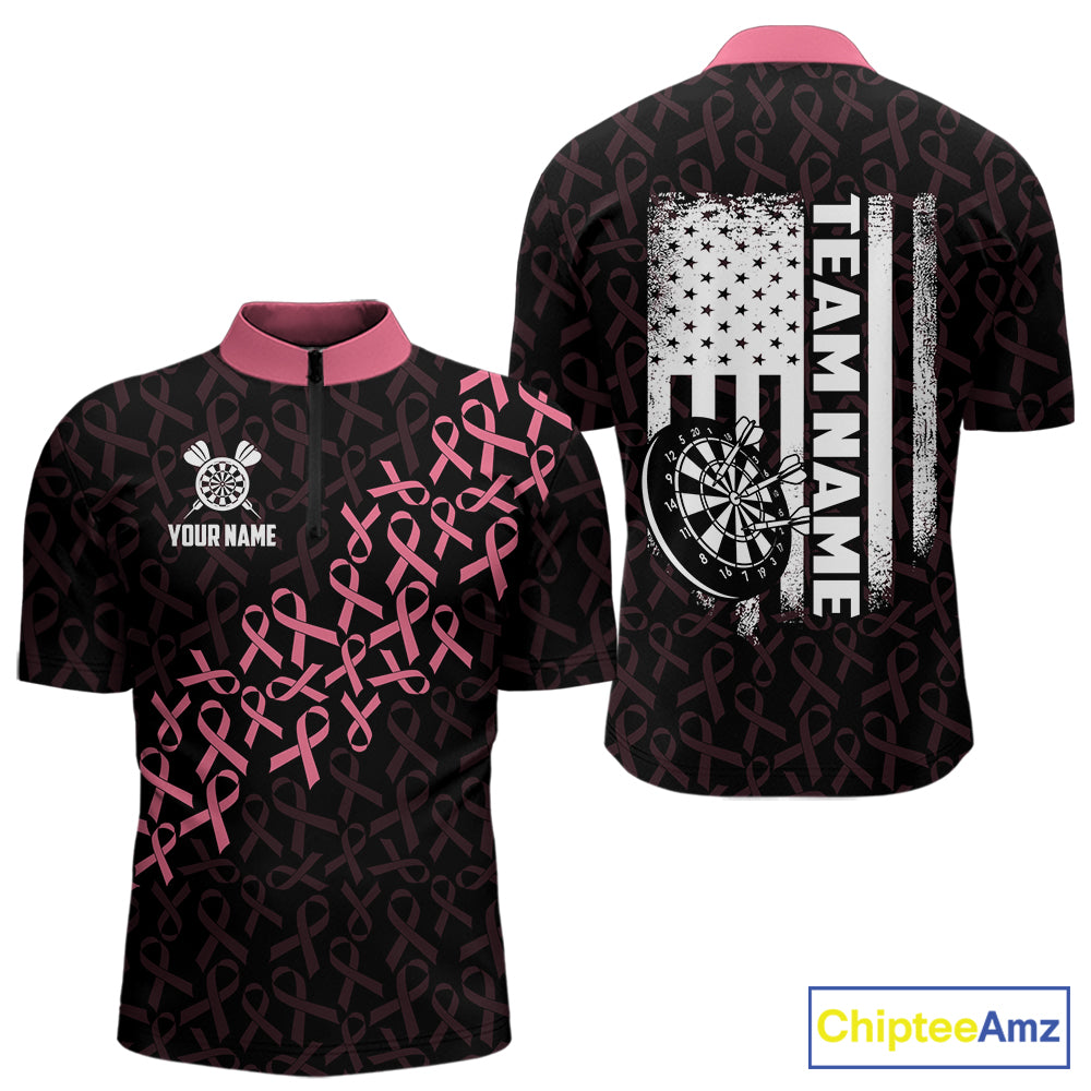 Pink Ribbons American Flag Breast Cancer Awareness Quarter Zip Darts Shirt for Men Created for Competitive Dart League Teams with Performance Fabric and Tournament Ready Team Design
