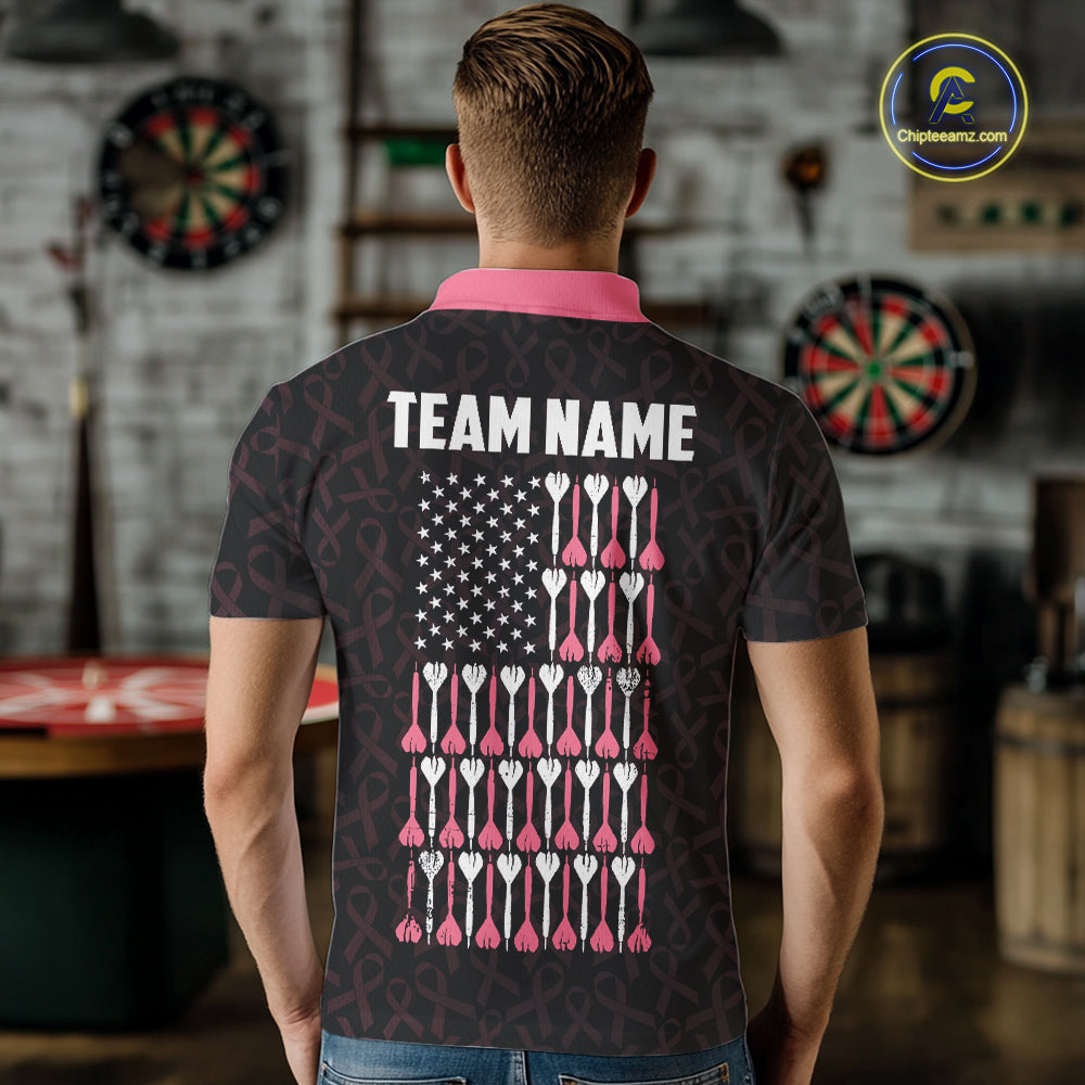 Man Wearing Pink Ribbons Patriotic American Flag Custom Breast Cancer Darts Team Jersey Featuring the Complete Rear Graphic Design, Back View