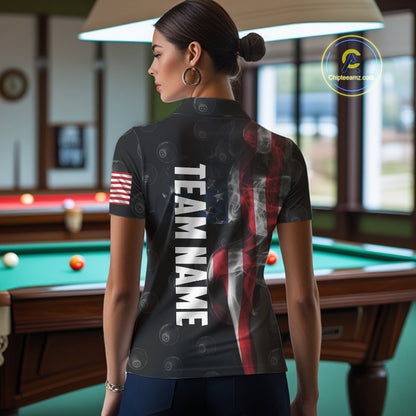 Personalized Vintage Smoke US Flag Billiard Shirts For Women, 8 Ball Pool Patriotic Billiard Jerseys TDM4731