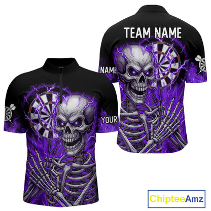Purple Flaming Lightning Skeleton Darts Shirt For Men Custom Skull Dart Jersey Team Polo & 1/4 Zip TDM4739