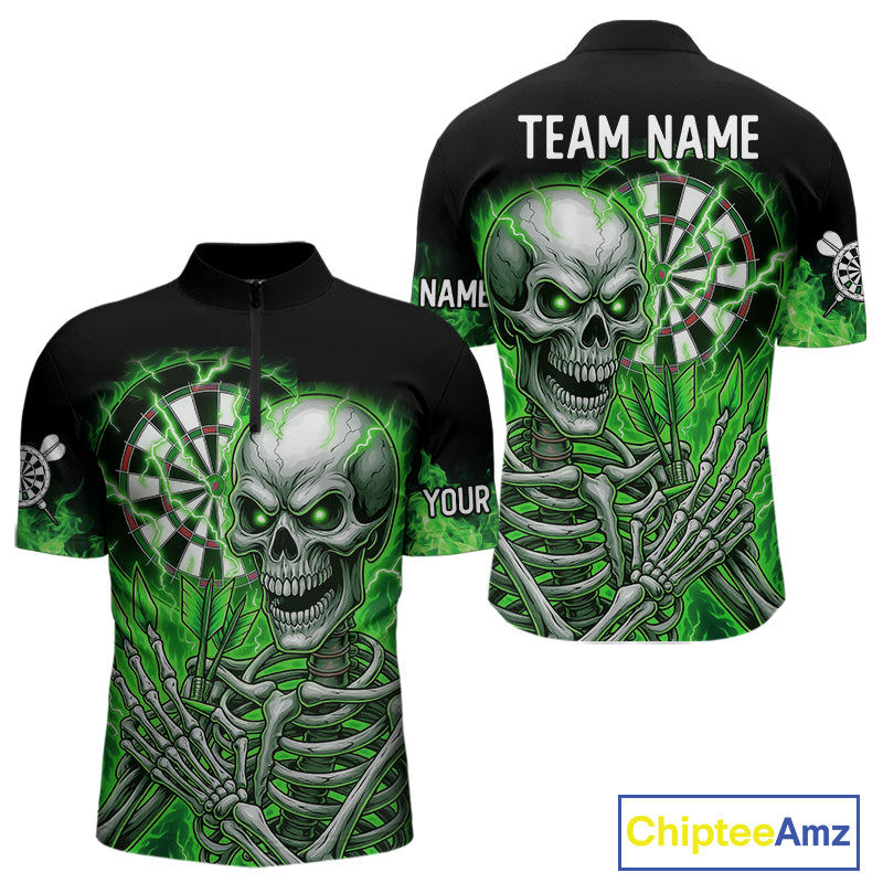 Green Flaming Lightning Skeleton Darts Shirt For Men Custom Skull Dart Jersey Team Polo & 1/4 Zip TDM4740