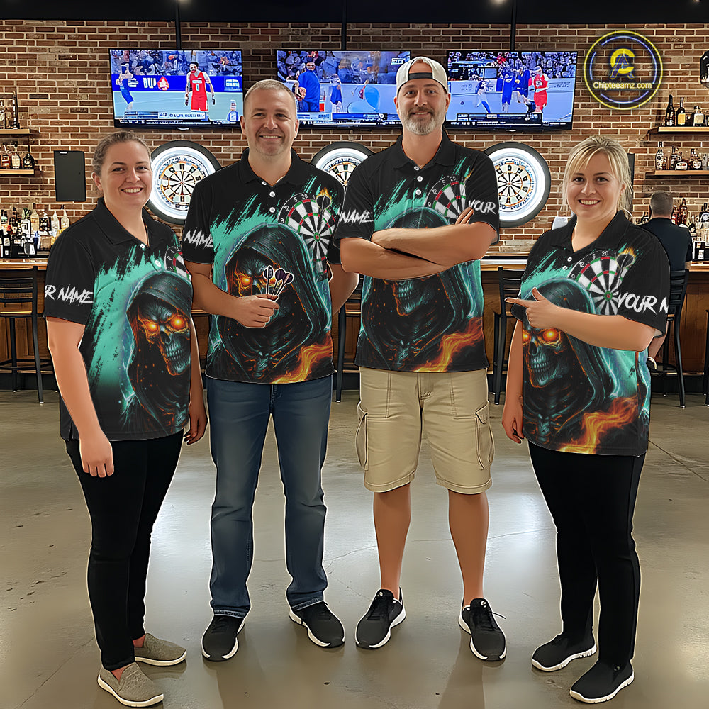 Personalized Grim Reaper Fire Dart Shirts For Men Custom Skull Dart Jersey Polo & 1/4 Zip |Turquoise TDM5370