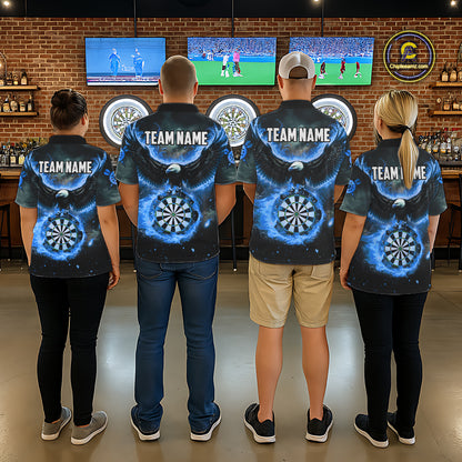 Personalized Fire Flame Blue Dartboard Eagle Dart Shirts For Men, Darts League Team Jerseys TDM5373