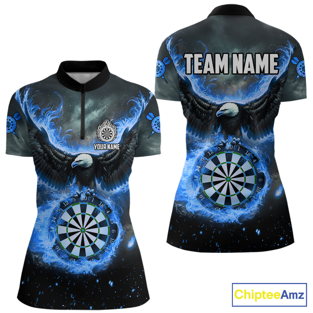 Personalized Fire Flame Blue Dartboard Eagle Dart Shirts For Women, Darts League Team Jerseys TDM5373