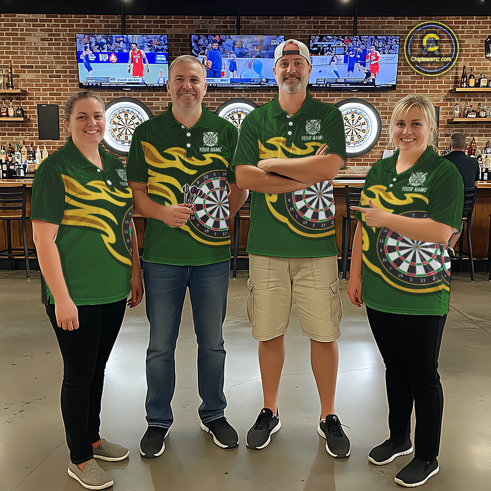 Personalized Green Dartboard Flame Gold Darts Shirt For Women, Darts Jersey Team Polo & 1/4 Zip TDM5872