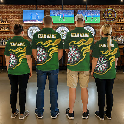 Personalized Green Dartboard Flame Gold Darts Shirt For Women, Darts Jersey Team Polo & 1/4 Zip TDM5872