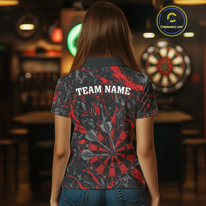 Custom Black And Red Grunge Camo Dart Shirts For Women, Camouflage Dart Team Jersey Polo & 1/4 Zip TDM3959