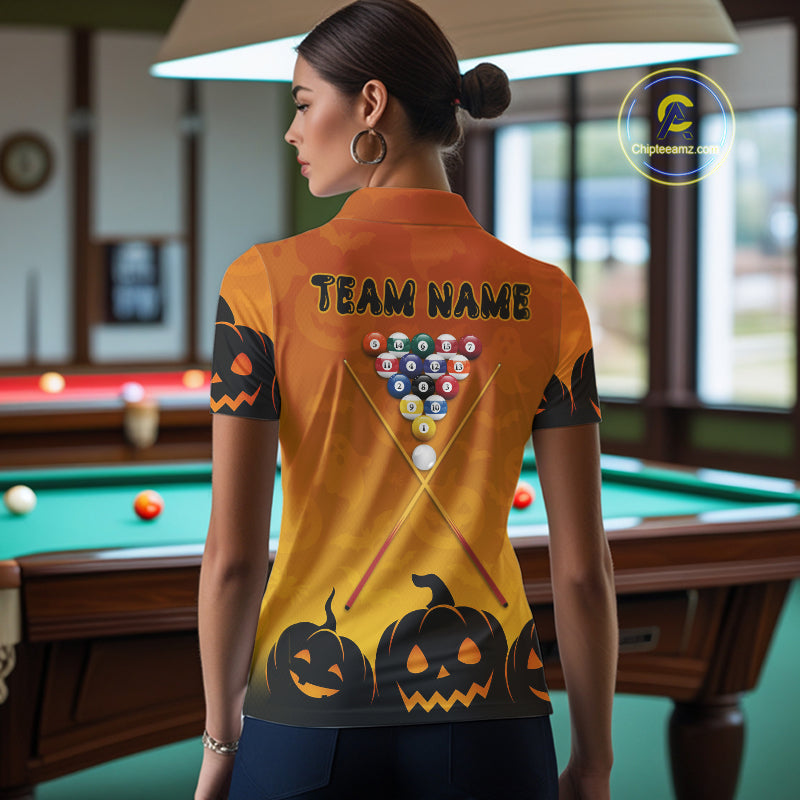 Personalized Orange Black Funny Pumpkin Billiard Shirt For Women Custom Halloween Pool Team Jersey TDM4510