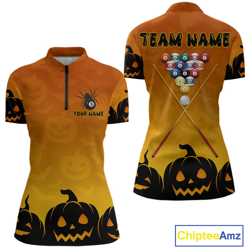 Personalized Orange Black Funny Pumpkin Billiard Shirt For Women Custom Halloween Pool Team Jersey TDM4510