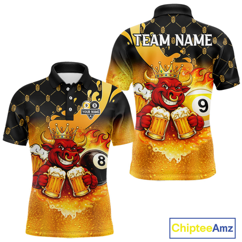 Funny Bull And Beer 8 Ball 9 Ball Billiard Shirt For Men Custom Billiard Team Jersey Polo, 1/4 Zip TDM5646