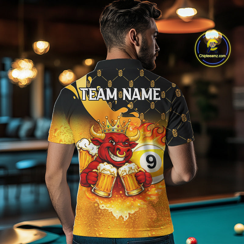 Funny Bull And Beer 8 Ball 9 Ball Billiard Shirt For Men Custom Billiard Team Jersey Polo, 1/4 Zip TDM5646