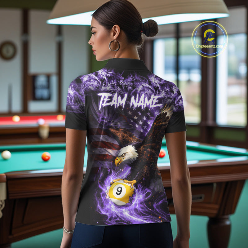 Purple Flaming Eagle 8 & 9 Ball Billiard Shirt For Women Custom US Flag Pool Jersey Polo, 1/4 Zip TDM6249