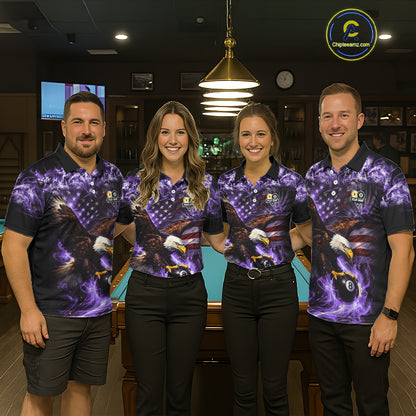 Purple Flaming Eagle 8 & 9 Ball Billiard Shirt For Women Custom US Flag Pool Jersey Polo, 1/4 Zip TDM6249
