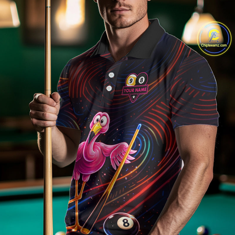 Funny Neon Flamingo 8 Ball & 9 Ball Billiard Shirt For Men Custom Pool Team Jersey Polo & 1/4 Zip TDM6257
