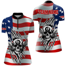 Load image into Gallery viewer, Personalized Billiard Skull American Flag Women Polo &amp; Quarter-Zip Shirts, Patriotic Billiard Jerseys TDM1751