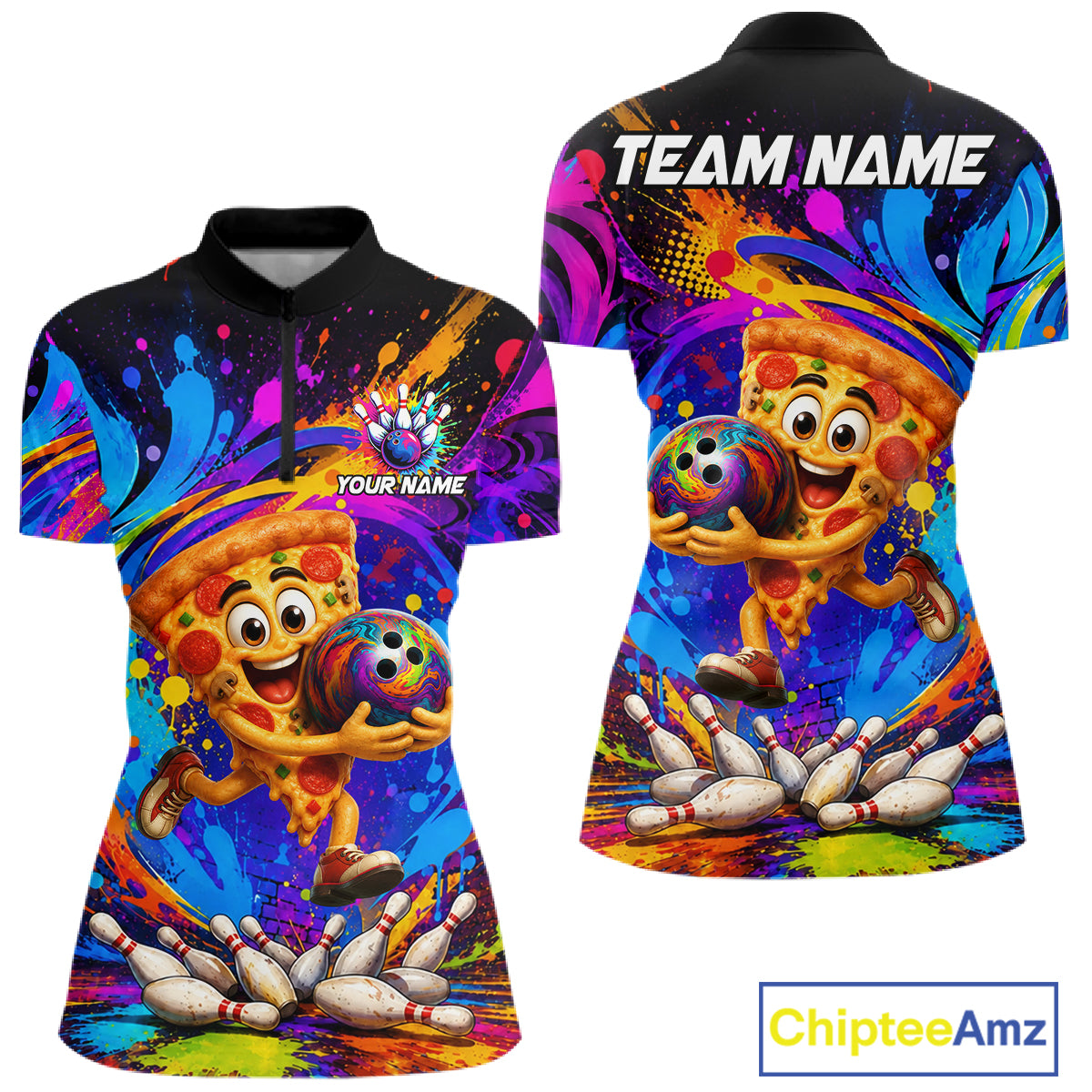 Funny pizza colorful bowling team jersey quarter zip shirt for women featuring colorful pizza bowling artwork, premium custom bowling apparel.