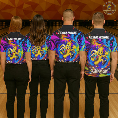 Bowling team wearing matching funny banana colorful bowling team jerseys, back view.