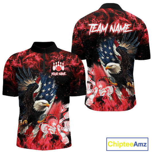 Red flame American flag eagle bowling team jersey quarter zip shirt for men featuring a patriotic eagle and American flag design, premium custom bowling league apparel.