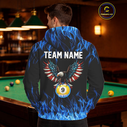 Blue Flaming American Flag Eagle 8 Ball & 9 Ball Pool Hoodie Custom Billiard Hoodie Team Jersey TDM5652