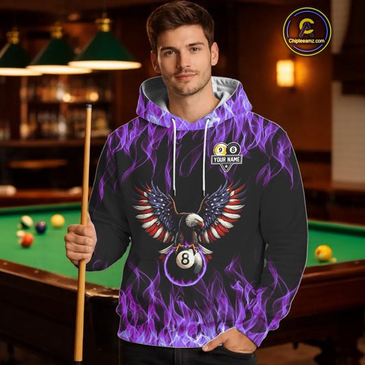 Purple Flaming American Flag Eagle 8 Ball & 9 Ball Pool Hoodie Custom Billiard Hoodie Team Jersey TDM5653