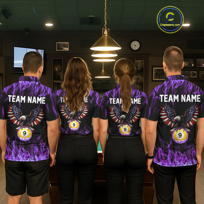 Purple Flaming American Flag Eagle 8 Ball & 9 Ball Billiard Shirt For Women Custom Pool Team Jersey TDM5653